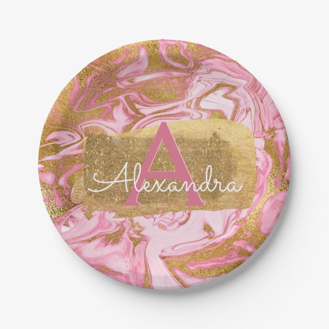 Blush Pink and Gold Foil Elegant Marble Birthday Paper Plate (Front)