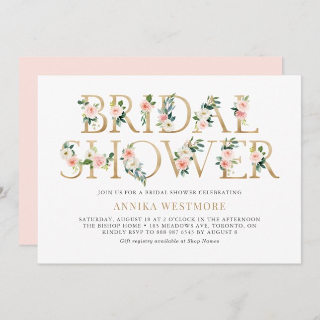 Blush Pink and Gold Foil Floral Girl Bridal Shower Invitation (Front/Back)