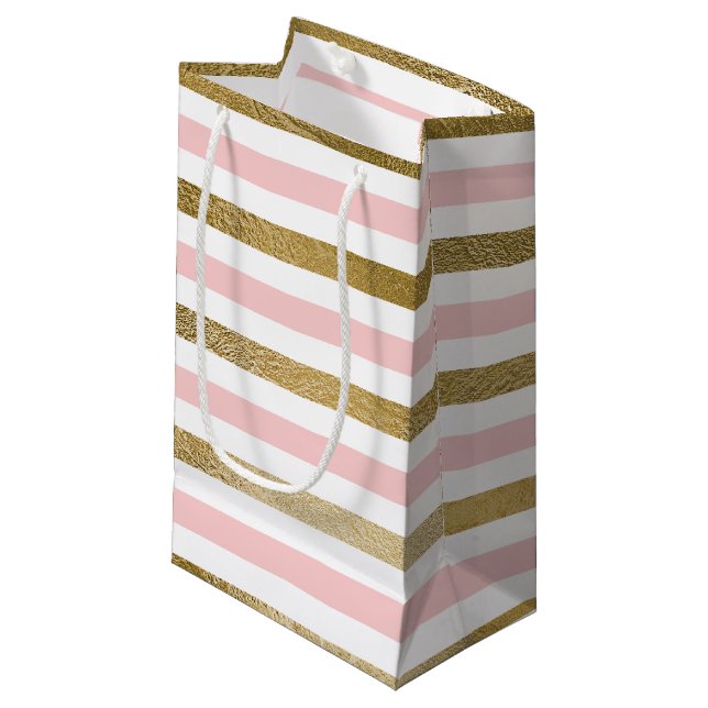 Blush Pink and Gold Foil Stripe Birthday Party Small Gift Bag (Front Angled)