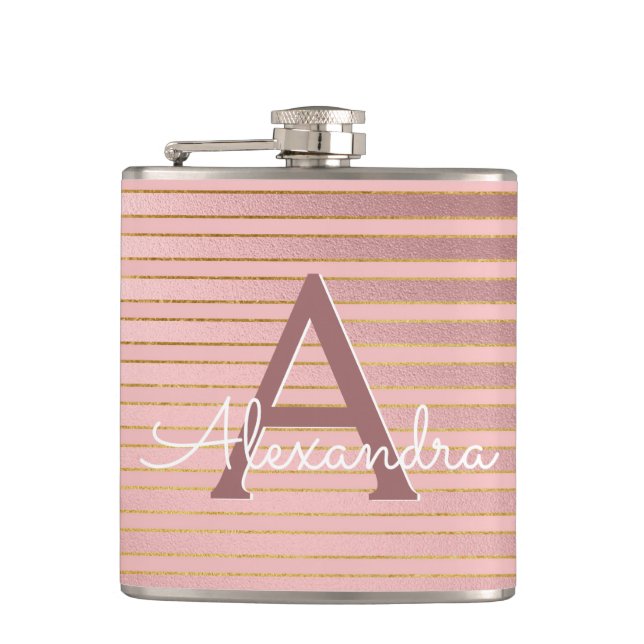 Blush Pink and Gold Foil Stripe Monogram & Initial Hip Flask (Front)