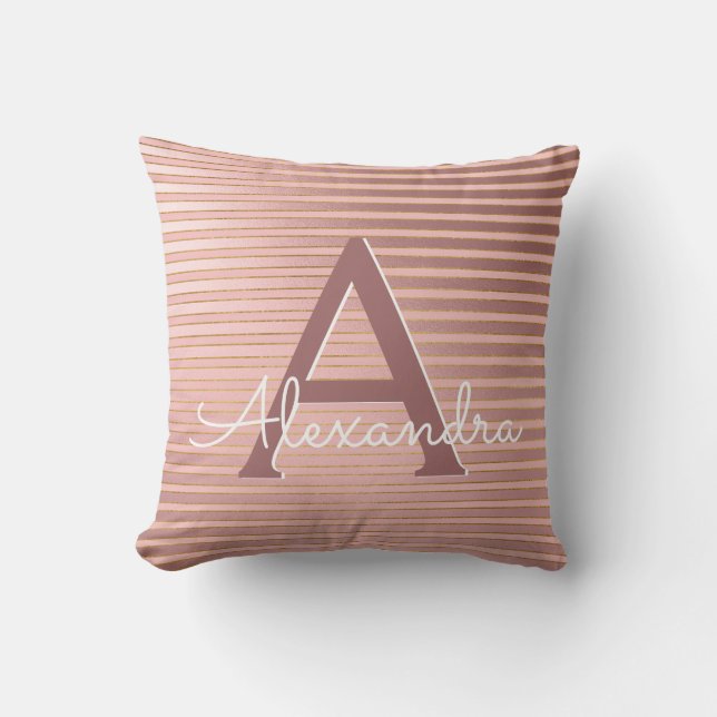 Blush Pink and Gold Foil Stripe Monogram Name Cushion (Front)