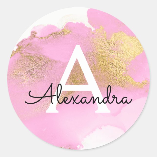 Blush Pink and Gold Foil Wash Girly Classic Round Sticker (Front)