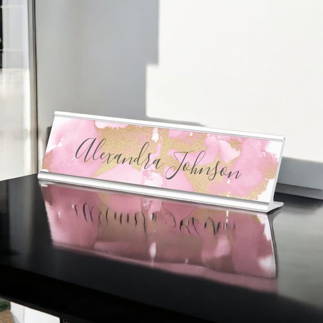 Blush Pink and Gold Foil Wash Girly Desk Name Plate (Creator Uploaded)