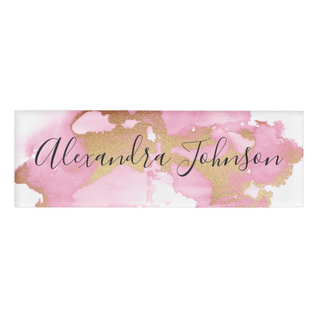 Blush Pink and Gold Foil Wash Girly Name Tag (Front)