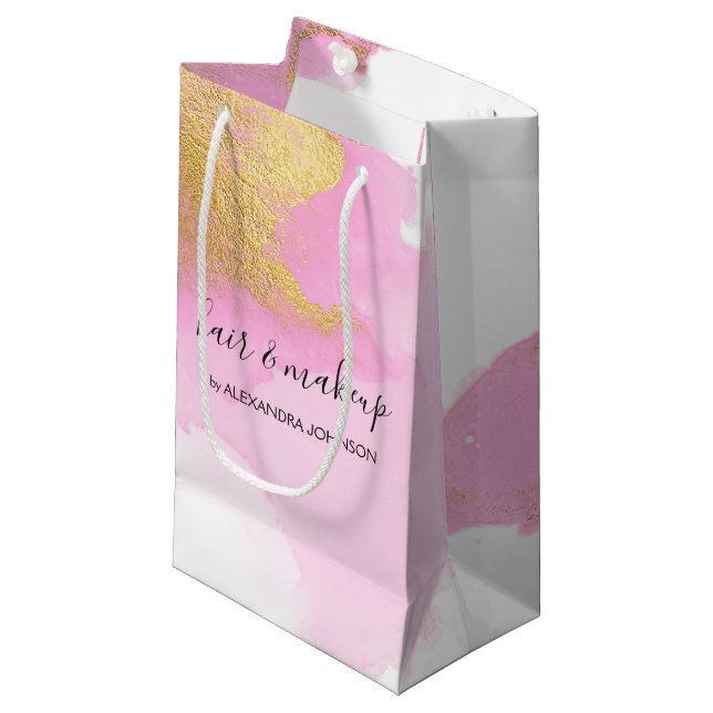 Blush Pink and Gold Foil Wash Girly Small Gift Bag (Front Angled)