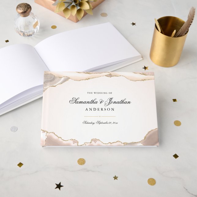 Blush Pink and Gold Glitter Agate Script Wedding Guest Book (Front Open)