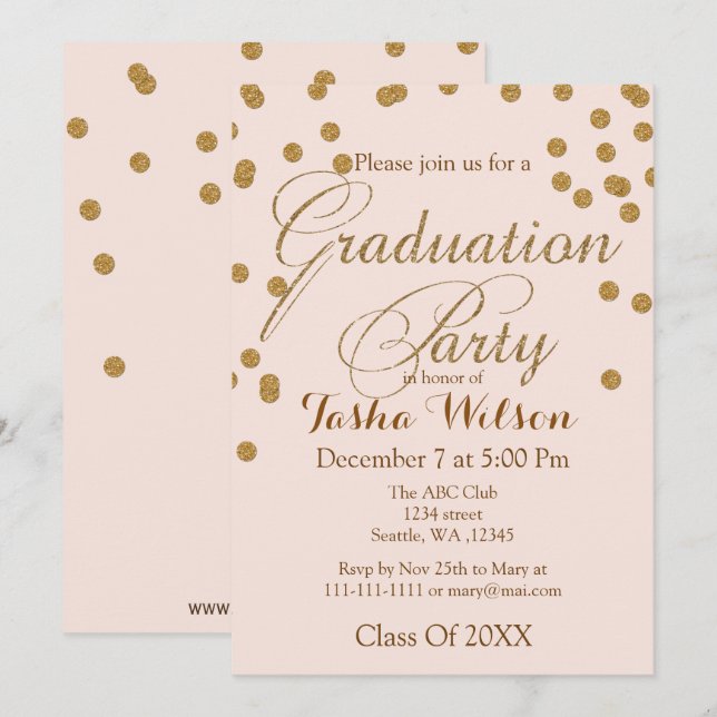 Blush Pink and Gold Glitter Graduation Invite (Front/Back)