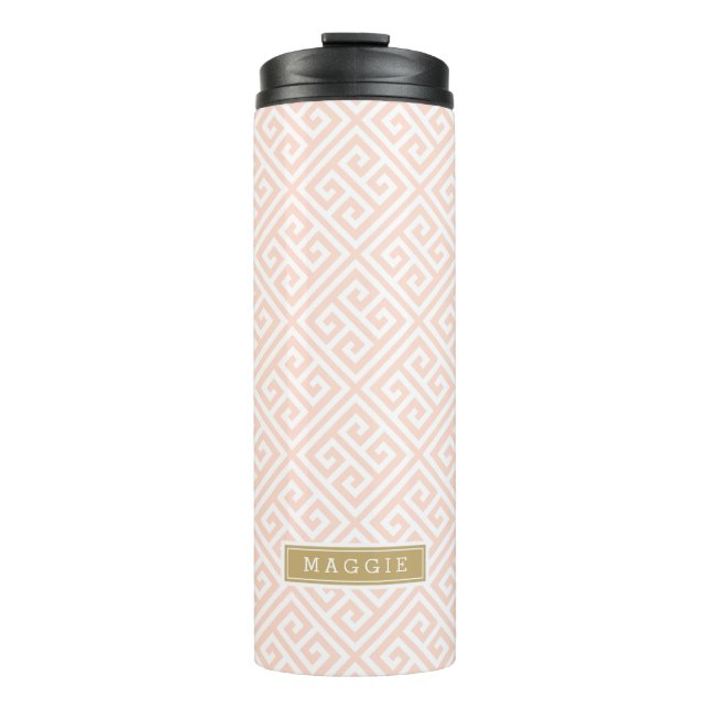 Blush Pink and Gold Greek Key Monogram Thermal Tumbler (Front)