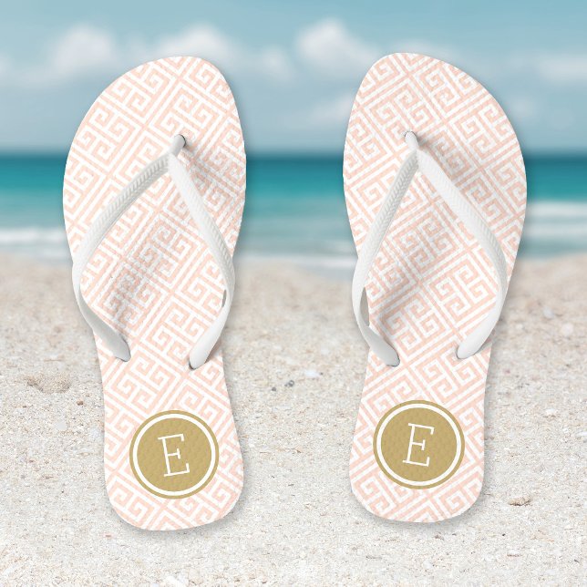 Blush Pink and Gold Greek Key Monogram Thongs (Creator Uploaded)