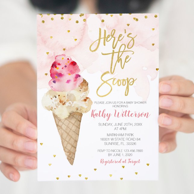 Blush Pink and Gold Ice Cream Baby Shower Invitation (Creator Uploaded)