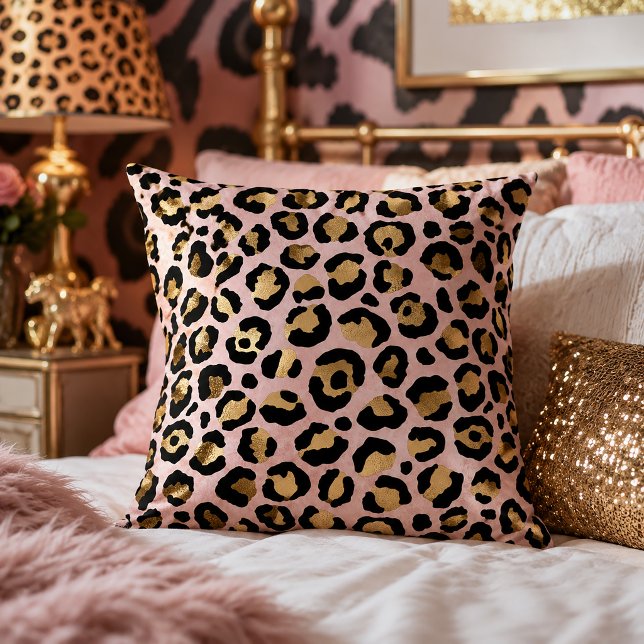 Blush Pink and Gold Leopard Print Animal Pattern Cushion (Creator Uploaded)