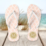 Blush Pink and Gold Moroccan Quatrefoil Monogram Thongs<br><div class="desc">Custom printed flip flop sandals with a stylish Moroccan quatrefoil pattern and your custom monogram or other text in a circle frame. Click Customise It to change text fonts and colours or add your own images to create a unique one of a kind design!</div>