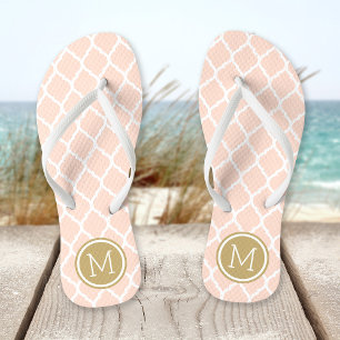 Blush Pink and Gold Moroccan Quatrefoil Monogram Thongs
