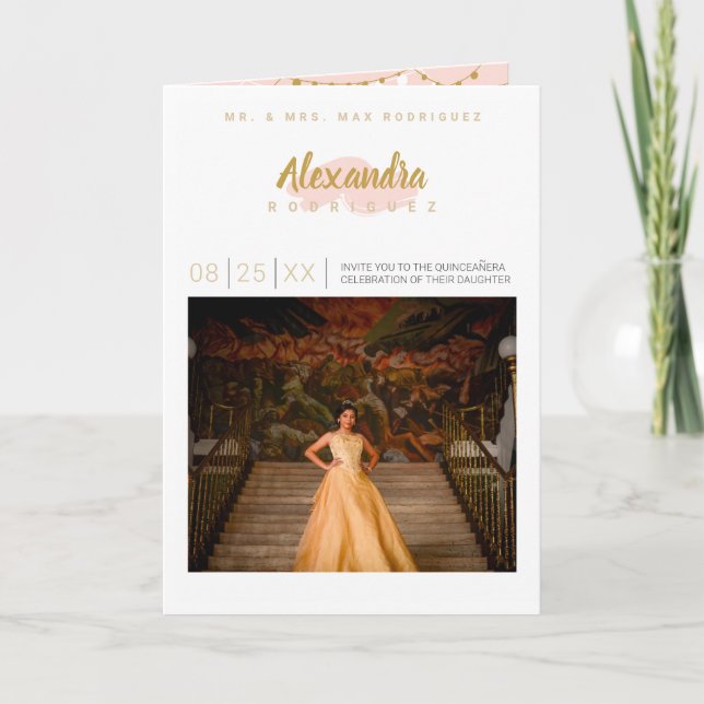 Blush Pink and Gold Photo Quinceanera Invitation (Front)