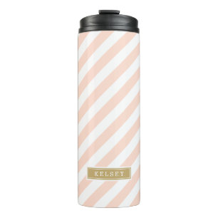 Blush Pink and Gold Preppy Stripes Monogram Thermal Tumbler