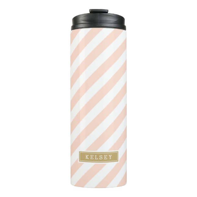 Blush Pink and Gold Preppy Stripes Monogram Thermal Tumbler (Front)