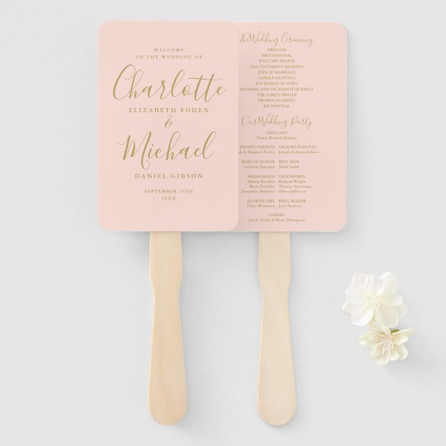 Blush Pink And Gold Script Wedding Program Hand Fan (Front and Back)