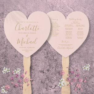 Blush Pink And Gold Script Wedding Program Heart Hand Fan