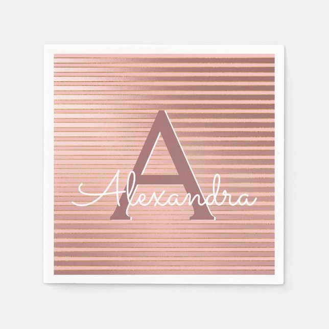 Blush Pink and Gold Stripes Monogram Birthday Napkin (Front)