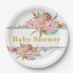 Blush Pink and Gold Teal Peony Baby Shower Paper Plate