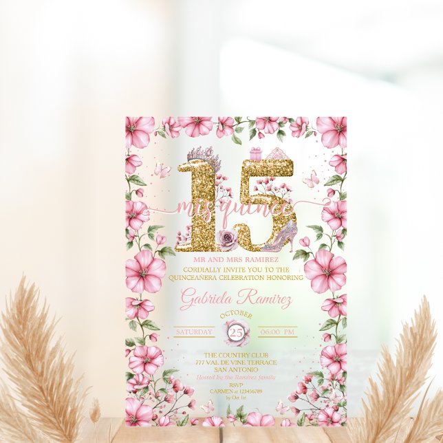 Blush Pink and Gold Tiara Mis Quince Quinceañera Acrylic Invitations (Creator Uploaded)