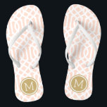 Blush Pink and Gold Trellis Monogram Thongs<br><div class="desc">Custom printed flip flop sandals with a stylish modern trellis pattern and your custom monogram or other text in a circle frame. Click Customise It to change text fonts and colours or add your own images to create a unique one of a kind design!</div>