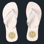 Blush Pink and Gold Trellis Monogram Thongs<br><div class="desc">Custom printed flip flop sandals with a stylish modern trellis pattern and your custom monogram or other text in a circle frame. Click Customise It to change text fonts and colours or add your own images to create a unique one of a kind design!</div>