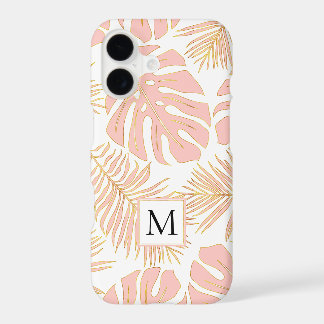 Blush pink and gold tropical leaves and monogram
