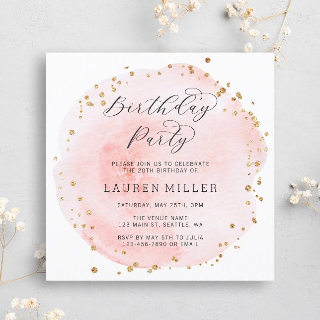 Blush Pink and Gold Watercolor Birthday Party Invitation (Creator Uploaded)