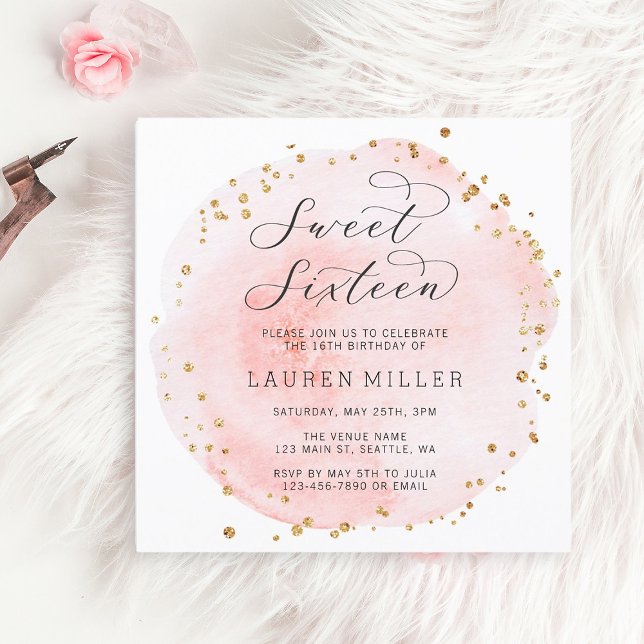 Blush Pink and Gold Watercolor Sweet Sixteen Invitation (Creator Uploaded)