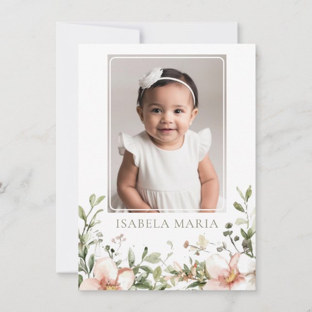 Blush pink and green flowers baptism photo thank you card (Back)