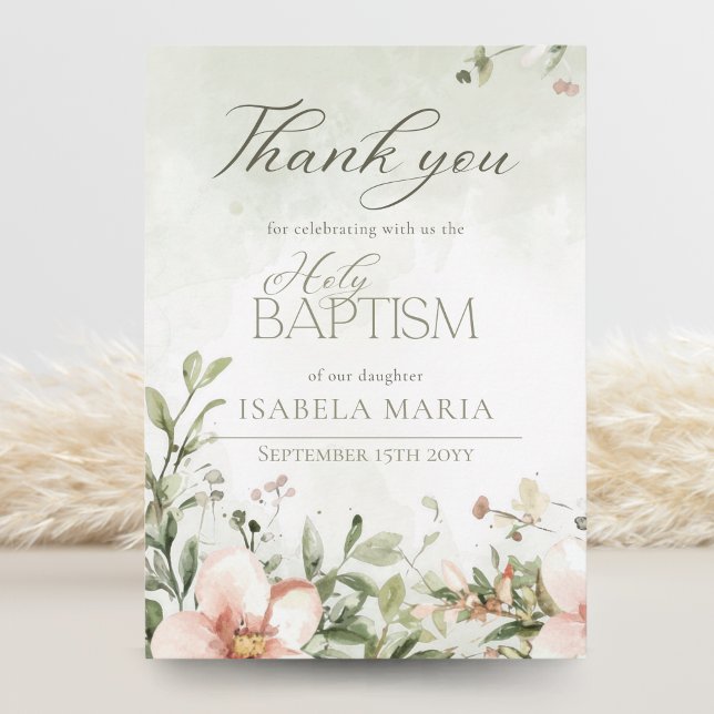 Blush pink and green flowers baptism photo thank you card (Creator Uploaded)