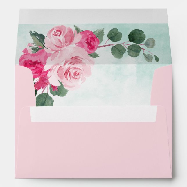 Blush Pink and Green Watercolor Floral Wedding Envelope (Back (Bottom))