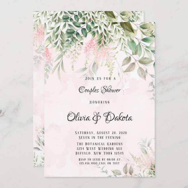 Blush Pink and Greenery Leaves Chic Couples Shower Invitation (Front/Back)