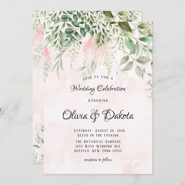 Blush Pink and Greenery Leaves Chic Wedding Invitation (Front/Back)