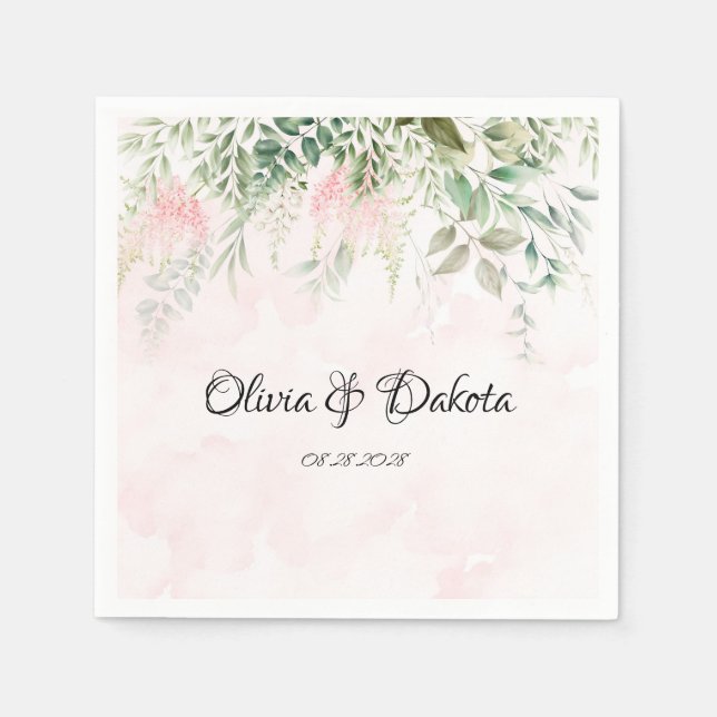Blush Pink and Greenery Leaves Chic Wedding Napkin (Front)
