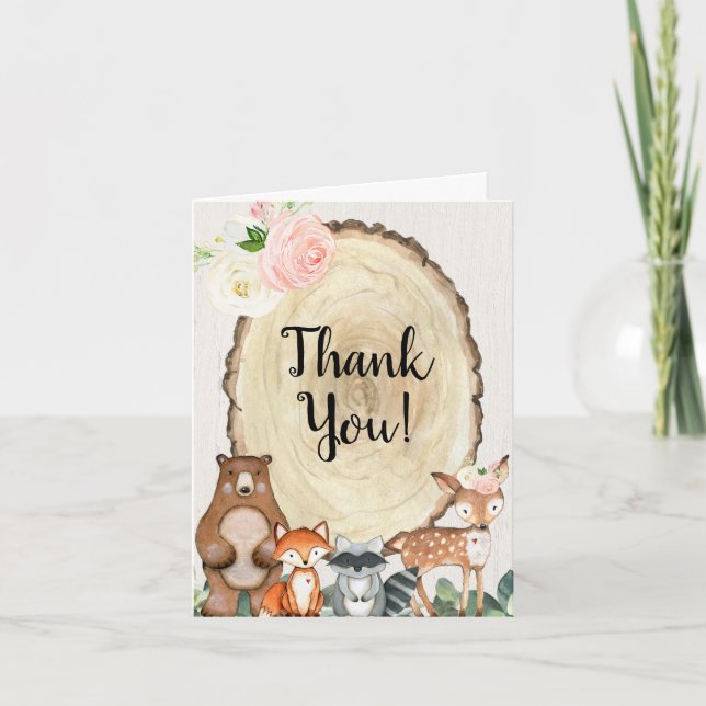 Blush pink and greenery rustic woodland animals thank you card (Front)