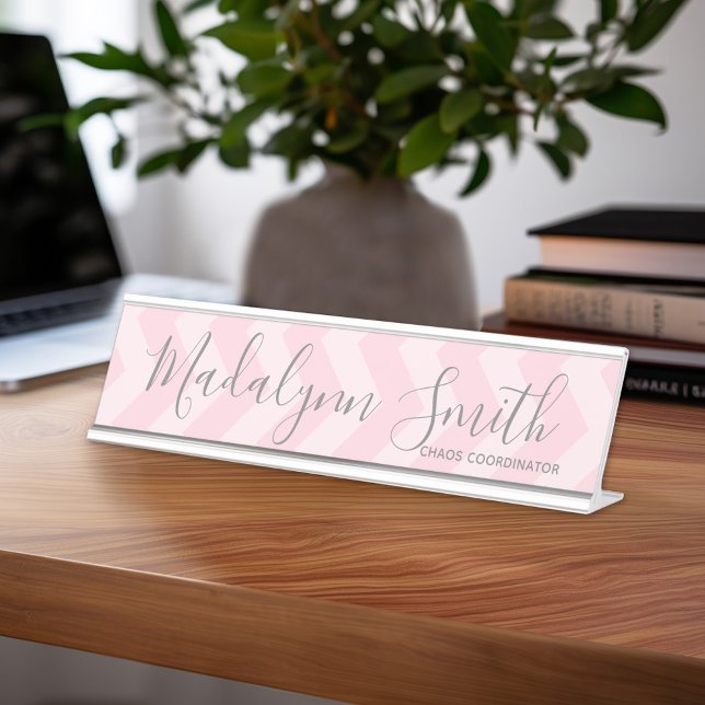 Blush Pink and Grey Chevron Pattern with Big Name Desk Name Plate (Personalized Name Plate with Custom Name)