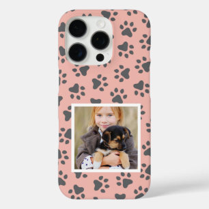 Blush Pink and Grey Pet Photo Paw Print Pattern iPhone 16 Pro Case