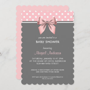 Blush Pink and Grey Polka Dot Bow Baby Shower Invi Invitation