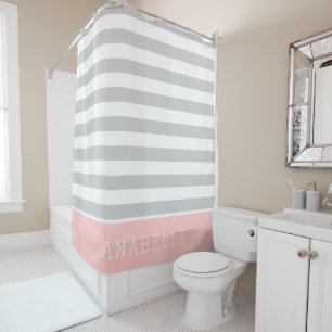 Blush Pink and Grey Stripes Monogrammed Shower Curtain