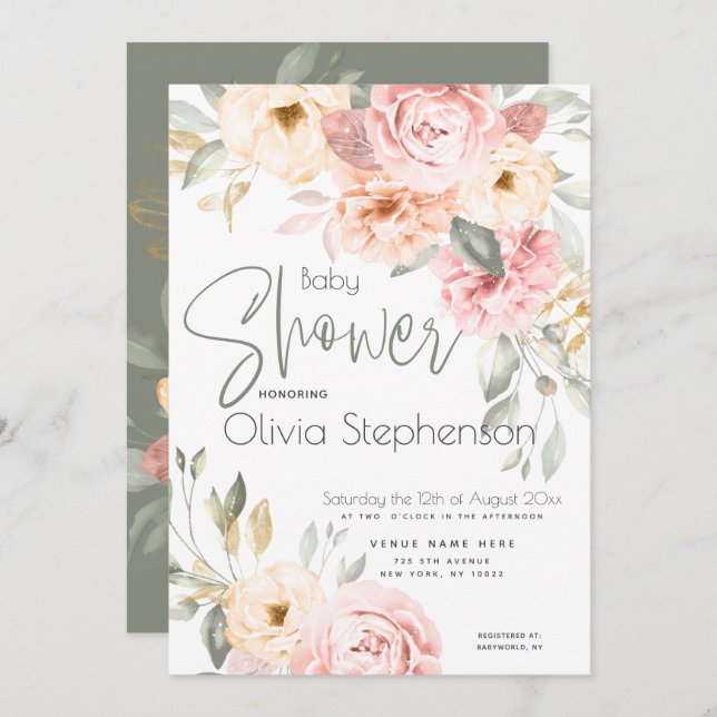 Blush Pink and Ivory Floral Baby Shower Invitation (Front/Back)