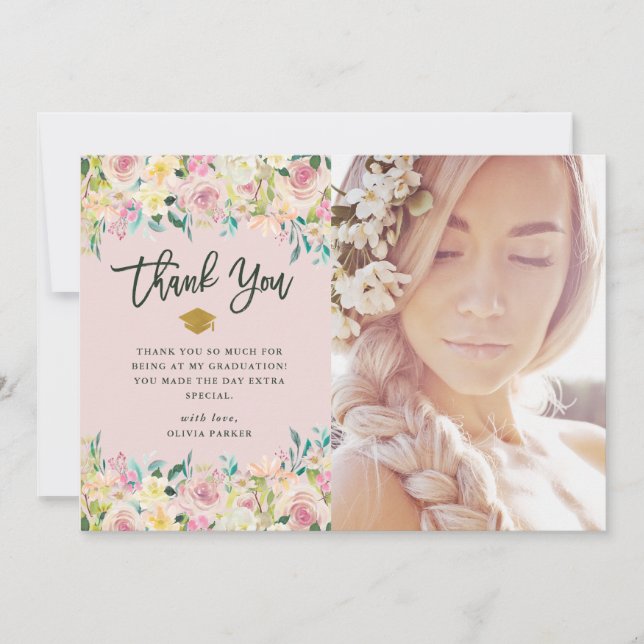 Blush Pink and Ivory Floral | Graduation Photo Thank You Card (Front)