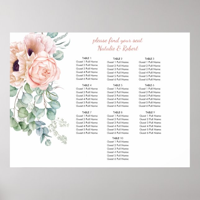 Blush Pink and Ivory Poppies Peonies Seating Chart (Front)