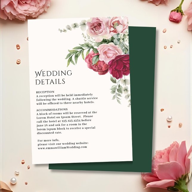 Blush pink and Marsala Rose floral Wedding details Enclosure Card (Creator Uploaded)
