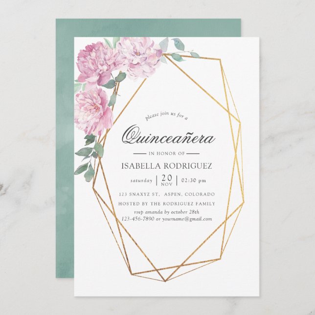 Blush Pink and Mint Geometric Floral Quinceañera Invitation (Front/Back)