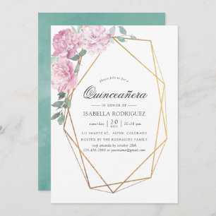 Blush Pink and Mint Geometric Floral Quinceañera Invitation