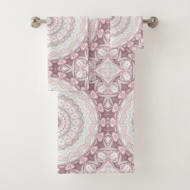 Blush Pink and Mint Mandala Pattern Design Bath Towel Set (Insitu)