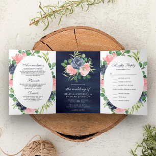 Blush Pink and Navy Blue Floral 3 in 1 Wedding Tri-Fold Invitation