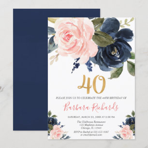 Blush pink and navy blue floral 40th birthday invitation